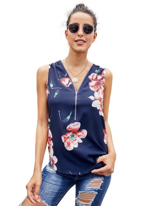 Blue Floral Sleeveless V Neck Zip Up Tank Top Blue Floral Sleeveless V Neck Zip Up Tank Top