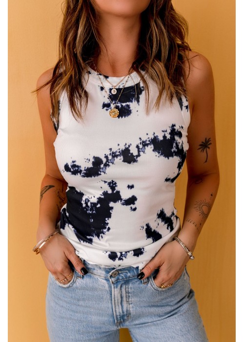 White Graffiti Print Crew Neck Ribbed Tank Top White Graffiti Print Crew Neck Ribbed Tank Top