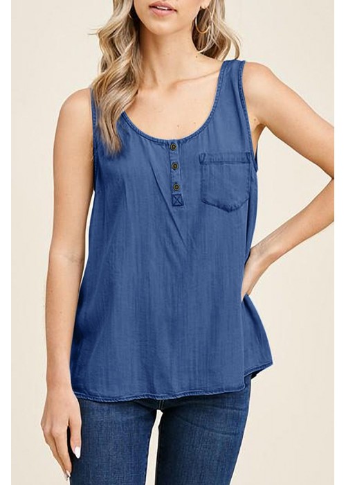 Blue Plain Denim Bust Pocket Tank Top Blue Plain Denim Bust Pocket Tank Top