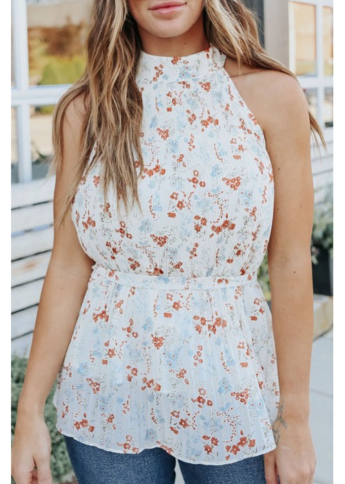 White Halter Neck Tie Waist Floral Tank White Halter Neck Tie Waist Floral Tank