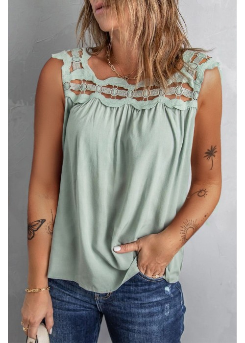 Green Contrast Lace Ruched Cut-out Sleeveless Top Green Contrast Lace Ruched Cut-out Sleeveless Top