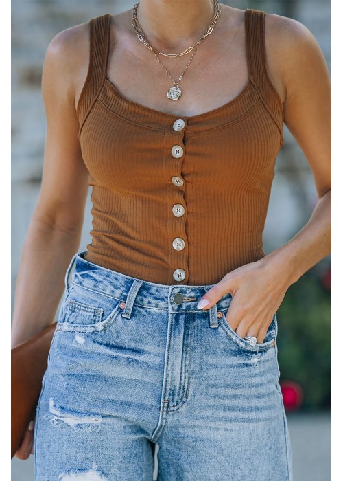 Brown Button-up Ribbed Knit Slim-fit Tank Top Brown Button-up Ribbed Knit Slim-fit Tank Top