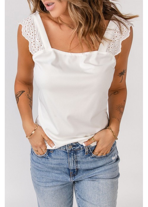 White Eyelet Ruffled Shoulder Rib Knit Vest White Eyelet Ruffled Shoulder Rib Knit Vest