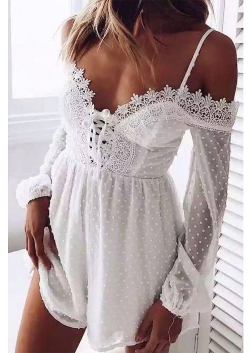 White Swiss Dot Lace Off Shoulder Long Sleeve Romper White Swiss Dot Lace Off Shoulder Long Sleeve Romper