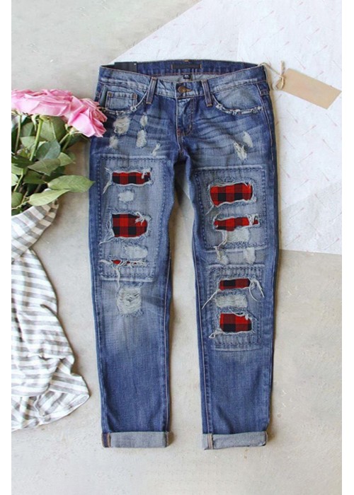 Buffalo Plaid Patches Distressed Straight Jeans Buffalo Plaid Patches Distressed Straight Jeans