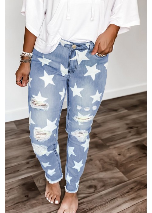 Ripped Star Print Mid Waist Jeans Ripped Star Print Mid Waist Jeans