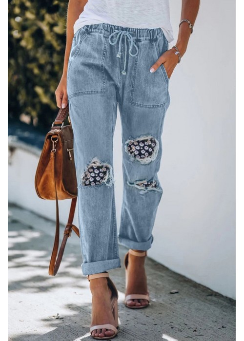 Drawstring High Waist Daisy Patches Straight Leg Jeans Drawstring High Waist Daisy Patches Straight Leg Jeans