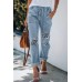 Drawstring High Waist Daisy Patches Straight Leg Jeans Drawstring High Waist Daisy Patches Straight Leg Jeans