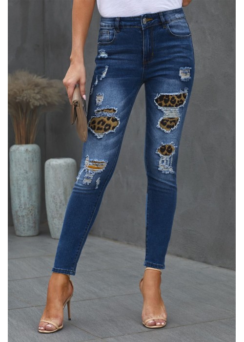 Patches Of Leopard Denim Distressed Jeans Patches Of Leopard Denim Distressed Jeans