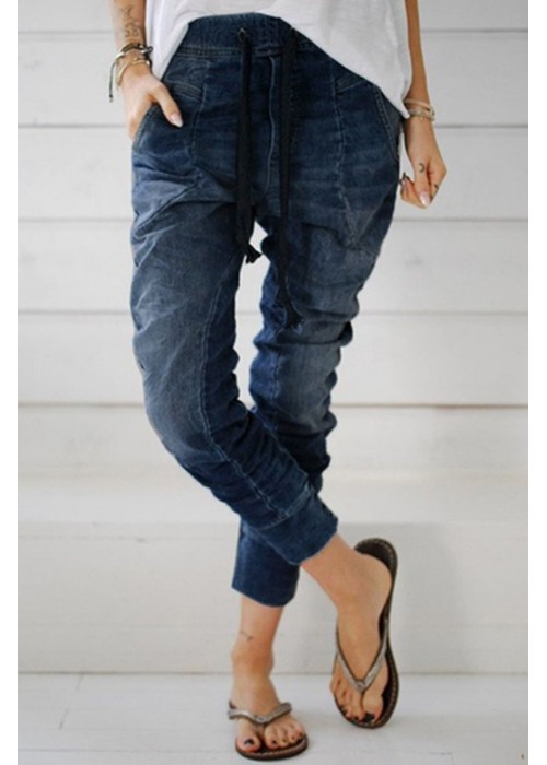 Dark Blue Drawstring Elastic Waist Jogger Jeans Dark Blue Drawstring Elastic Waist Jogger Jeans