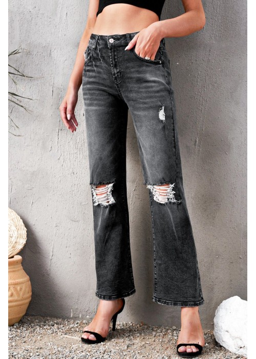 Black High Waist Distressed Ripped Hole Flare Jeans Black High Waist Distressed Ripped Hole Flare Jeans