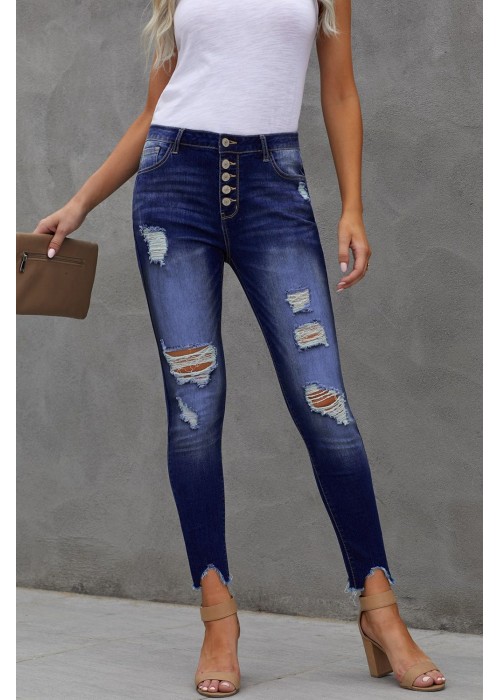 Blue High Rise Button Front Frayed Ankle Skinny Jeans Blue High Rise Button Front Frayed Ankle Skinny Jeans