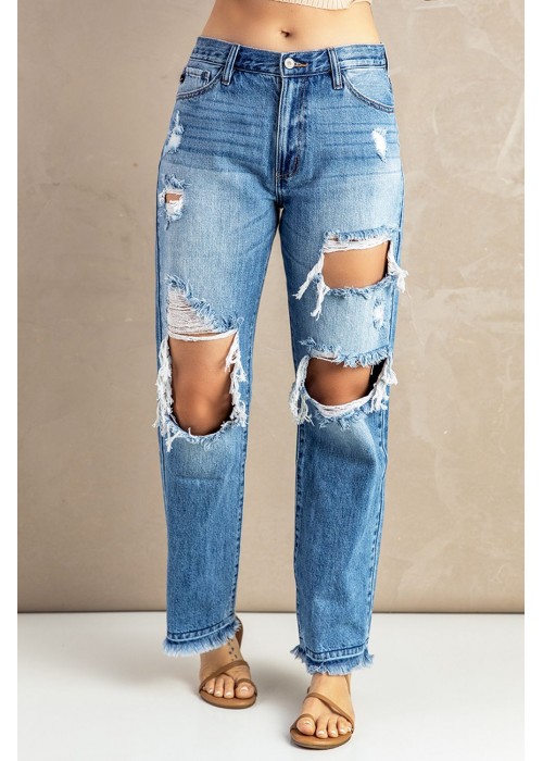 Sky Blue Distressed Holes Hollow-out Boyfriend Jeans Sky Blue Distressed Holes Hollow-out Boyfriend Jeans