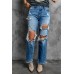 Sky Blue Distressed Holes Hollow-out Boyfriend Jeans Sky Blue Distressed Holes Hollow-out Boyfriend Jeans