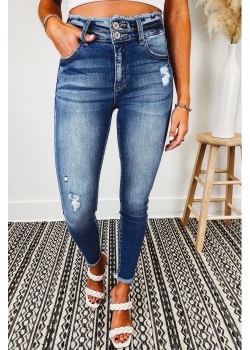Blue Double Button Raw Hem Ankle Jeans Blue Double Button Raw Hem Ankle Jeans