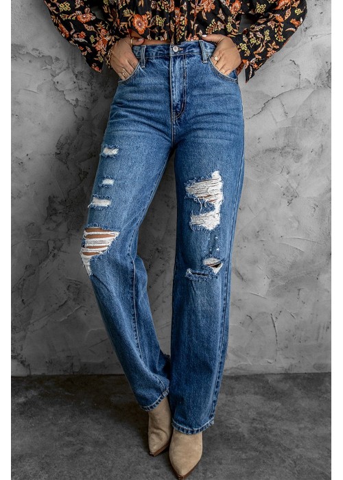 High Waist Distressed Straight Leg Jeans High Waist Distressed Straight Leg Jeans