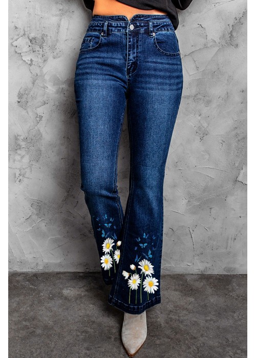 Blue Daisy Print High Waist Flare Jeans Blue Daisy Print High Waist Flare Jeans
