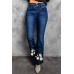 Blue Daisy Print High Waist Flare Jeans Blue Daisy Print High Waist Flare Jeans