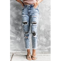 Daisy Patchwork Distressed Frayed Hem Skinny High Rise Jeans