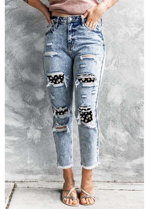 Daisy Patchwork Distressed Frayed Hem Skinny High Rise Jeans Daisy Patchwork Distressed Frayed Hem Skinny High Rise Jeans