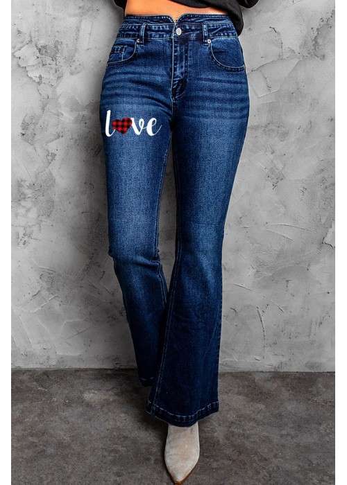 Plaid Love Pattern High Waist Flare Jeans Plaid Love Pattern High Waist Flare Jeans