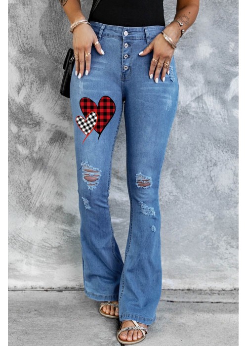Plaid Hearts Print Ripped Button Front Flare Jeans Plaid Hearts Print Ripped Button Front Flare Jeans