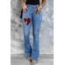 Plaid Hearts Print Ripped Button Front Flare Jeans Plaid Hearts Print Ripped Button Front Flare Jeans