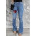 Plaid Hearts Print Ripped Button Front Flare Jeans Plaid Hearts Print Ripped Button Front Flare Jeans