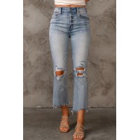 Sky Blue Light Wash Ripped Straight Leg High Waist Jeans