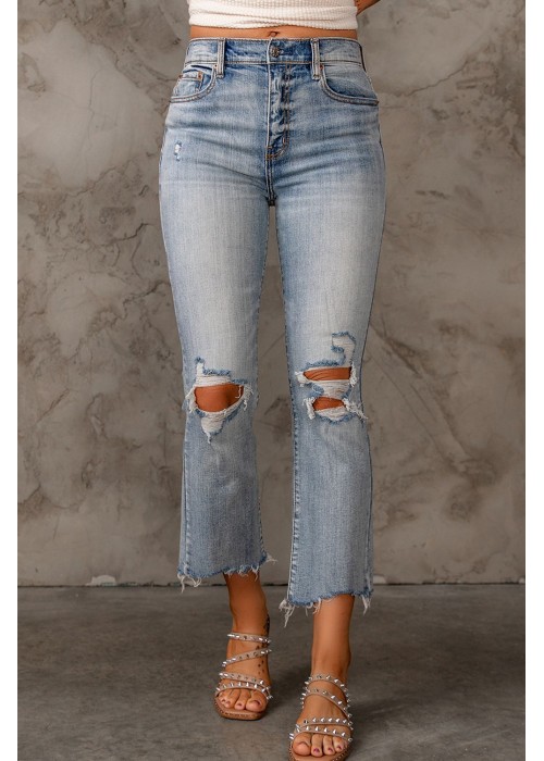 Sky Blue Light Wash Ripped Straight Leg High Waist Jeans Sky Blue Light Wash Ripped Straight Leg High Waist Jeans