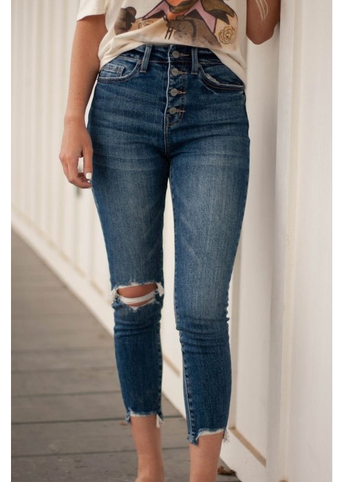 Blue Button Fly High Waist Ripped Skinny Fit Ankle Jeans Blue Button Fly High Waist Ripped Skinny Fit Ankle Jeans