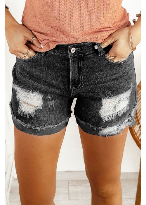 Distressed Ripped Rolled Hem Black Denim Shorts Distressed Ripped Rolled Hem Black Denim Shorts