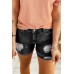 Distressed Ripped Rolled Hem Black Denim Shorts Distressed Ripped Rolled Hem Black Denim Shorts