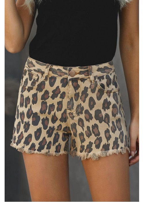 Leopard Mid Waist Frayed Hemline Denim Shorts Leopard Mid Waist Frayed Hemline Denim Shorts