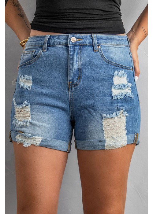 Folded Hem Ripped High Waist Denim Shorts Folded Hem Ripped High Waist Denim Shorts