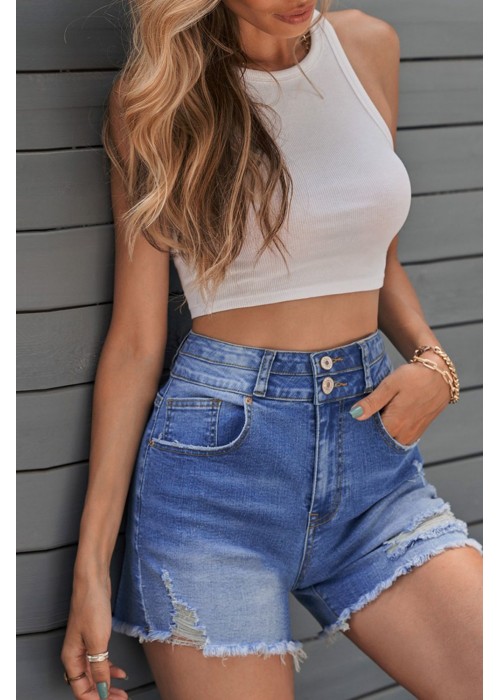 Sky Blue Distressed Raw Hem Buttons Denim Shorts with Pockets Sky Blue Distressed Raw Hem Buttons Denim Shorts with Pockets