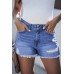 Sky Blue Distressed Raw Hem Buttons Denim Shorts with Pockets Sky Blue Distressed Raw Hem Buttons Denim Shorts with Pockets