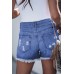 Sky Blue Distressed Raw Hem Buttons Denim Shorts with Pockets Sky Blue Distressed Raw Hem Buttons Denim Shorts with Pockets