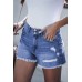 Sky Blue Distressed Raw Hem Buttons Denim Shorts with Pockets Sky Blue Distressed Raw Hem Buttons Denim Shorts with Pockets