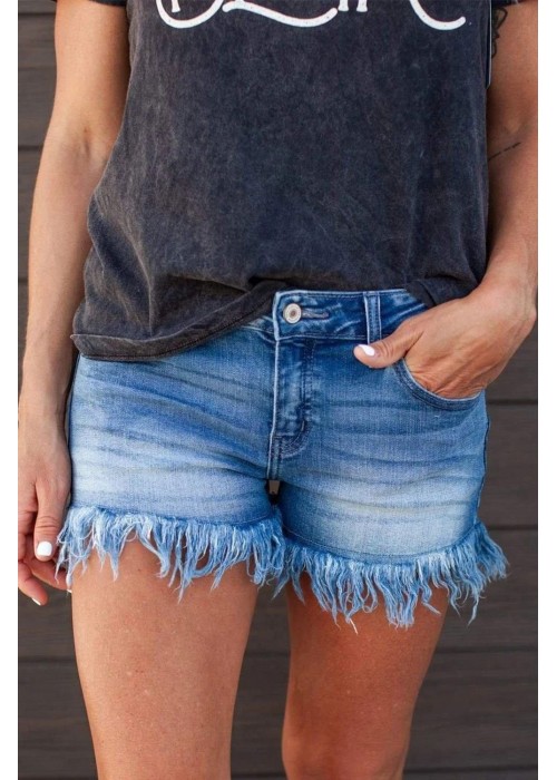 Fringe Hem High Rise Denim Shorts Fringe Hem High Rise Denim Shorts