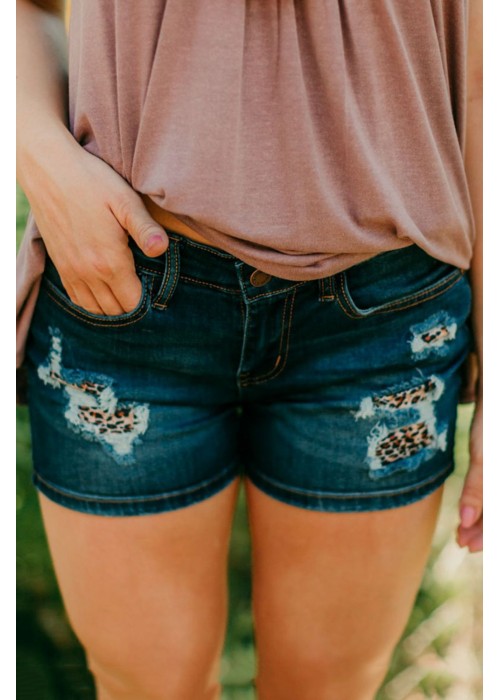 Dark Blue Leopard  Patched Ripped Denim Shorts Dark Blue Leopard  Patched Ripped Denim Shorts