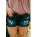 Dark Blue Leopard  Patched Ripped Denim Shorts Dark Blue Leopard  Patched Ripped Denim Shorts