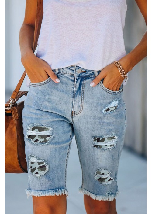 Mid-rise Ripped Camo Patches Denim Bermuda Shorts Mid-rise Ripped Camo Patches Denim Bermuda Shorts