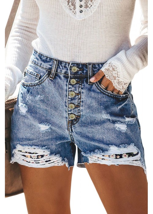 Black Floral Splicing Button Fly Distressed Denim Shorts Black Floral Splicing Button Fly Distressed Denim Shorts