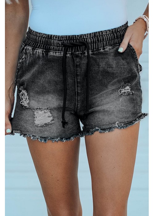 Black Elastic Waist Distressed Raw Hem Denim Shorts Black Elastic Waist Distressed Raw Hem Denim Shorts