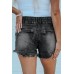 Black Elastic Waist Distressed Raw Hem Denim Shorts Black Elastic Waist Distressed Raw Hem Denim Shorts
