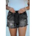 Black Elastic Waist Distressed Raw Hem Denim Shorts Black Elastic Waist Distressed Raw Hem Denim Shorts