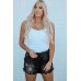 Black Elastic Waist Distressed Raw Hem Denim Shorts Black Elastic Waist Distressed Raw Hem Denim Shorts