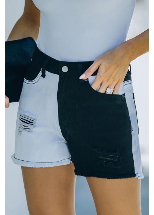 Black Distressed Colorblock Jean Shorts Black Distressed Colorblock Jean Shorts