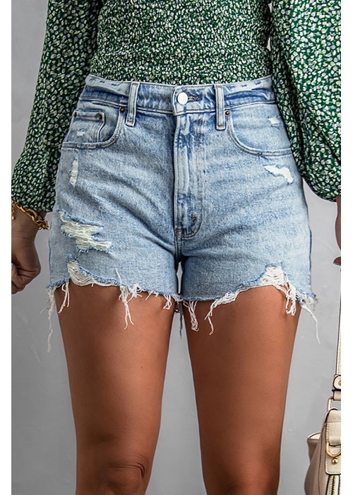 Sky Blue Frayed Slim-fit High Waist Denim Shorts Sky Blue Frayed Slim-fit High Waist Denim Shorts